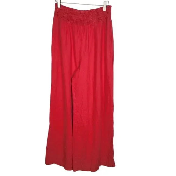 BODEN Pants Womens 6 Long 6L Red Linen Shirred Waist Trousers Wide Leg Pull On - Picture 2 of 9
